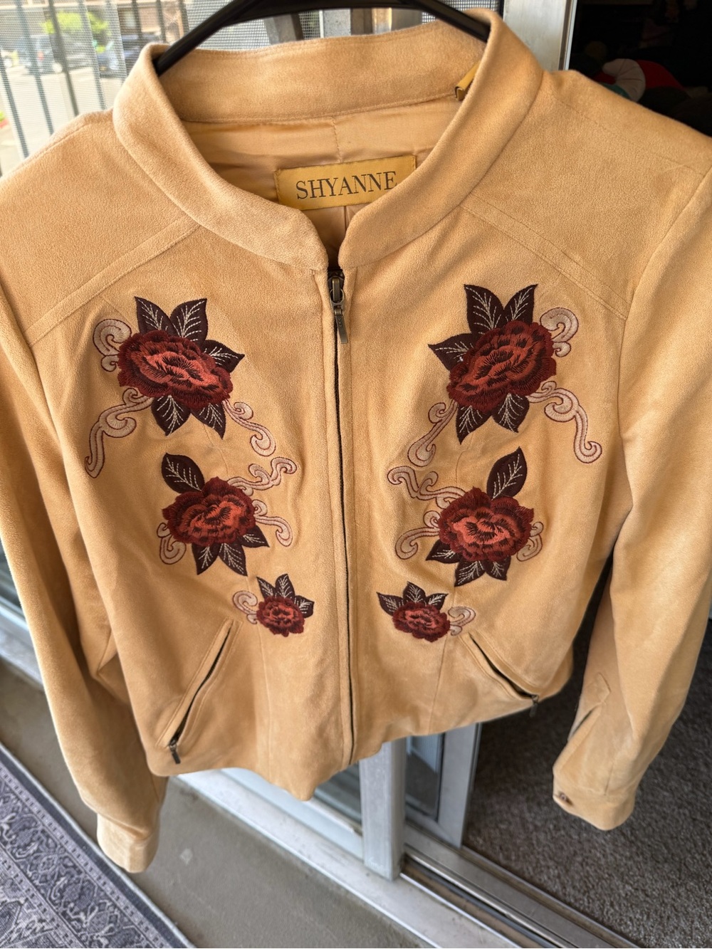 Shyanne Tan Suede Bomber Jacket with Red Rose Embroidery